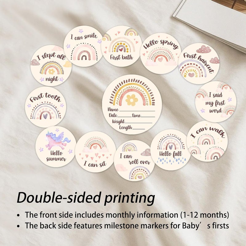 MCIAONE Baby Monthly Milestone Cards Sign - Double Sided Wooden Milestone Cards with Rainbow Design, Wooden Circles Discs for Photo Props Birth Announcement Board, Baby Shower/Gift Newborn Sign Set(13pcs) - Image 4